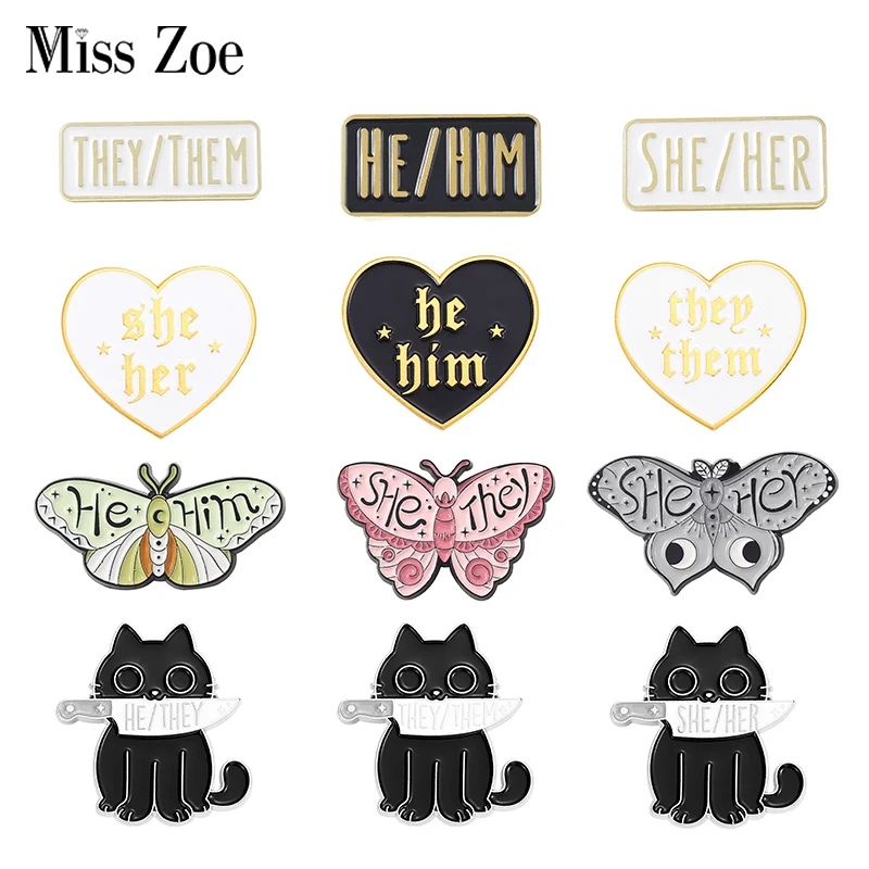 

My Pronouns Enamel Pins Custom Cats Butterfly He Him She Her They Them Brooches Lapel Badges Jewelry Gift for Kids Friends