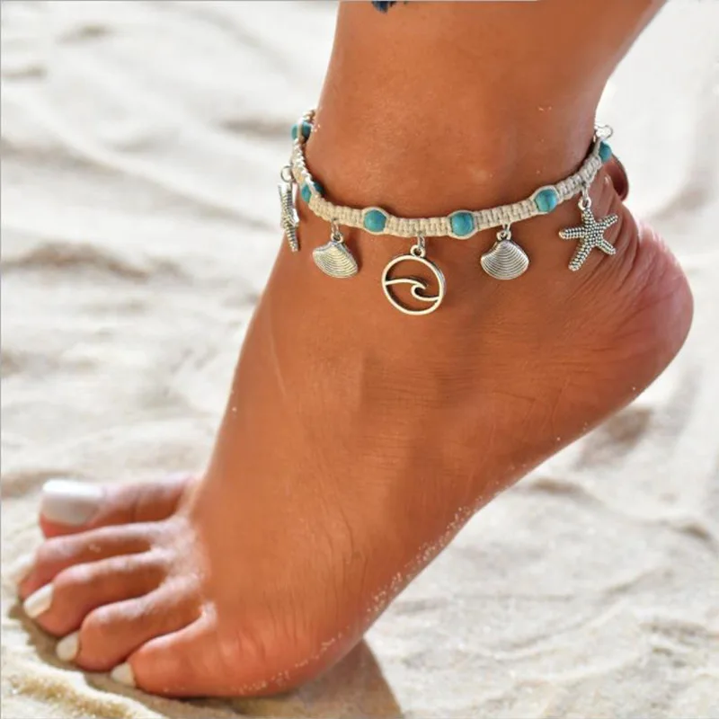 

Contracted personality fashion Bohemia braided rope shells starfish anklets ankle foot bracelet gold ankle