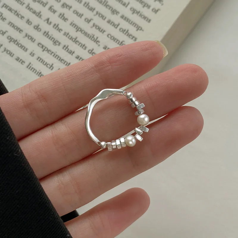 

Exquisite Silver Color Broken Round Pearl Ring Irregular Female Pearl Simple Shape Personality Kroean Ins Style Retro Metal
