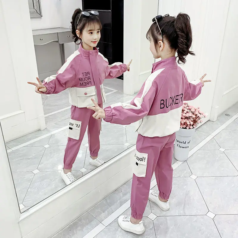 Children Campus Sportswear Teen Girls Clothing Set 2 Pcs Spring Autumn Trench+ Overalls Suit Tracksuit Kids Leisure Clothes Set