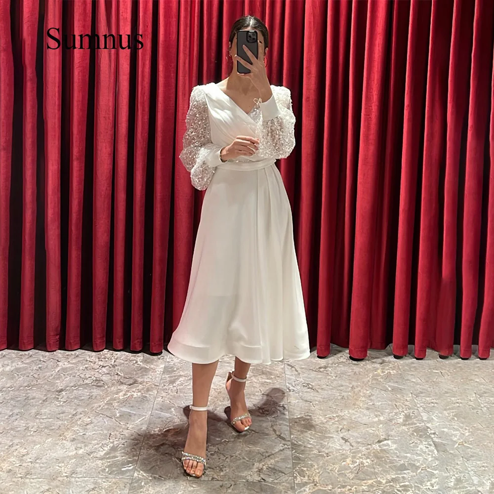 

Sumnus White A Line Saudi Arabic Evening Party Dresses Long Sleeve Pleats Satin Dubai Wedding Prom Dress Tea Length Formal Gowns
