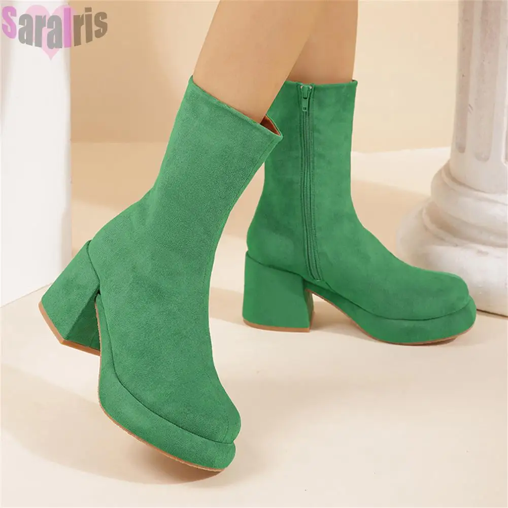 

Женские ботильоны из флока, зеленые нишевые дизайнерские полусапожки на платформе и блочном высоком каблуке, модная осенне-зимняя обувь для женщин, 2023
