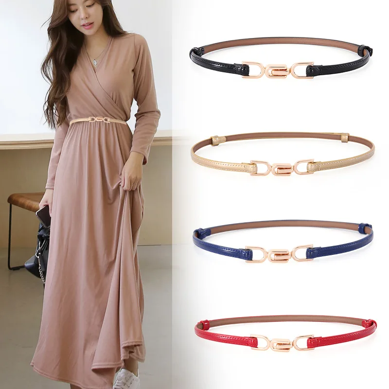 

New Ladies Matte Leather Adjustable Fashion Comfort Belt Simple Versatile Dress Thin Skinny Metal Gold Stretch Buckle Belt