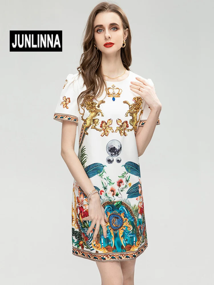 

JUNLINNA Fashion Elegant Women Beading Dress Summer New O-Neck Short Sleeve High Street Printing Vestidos A
