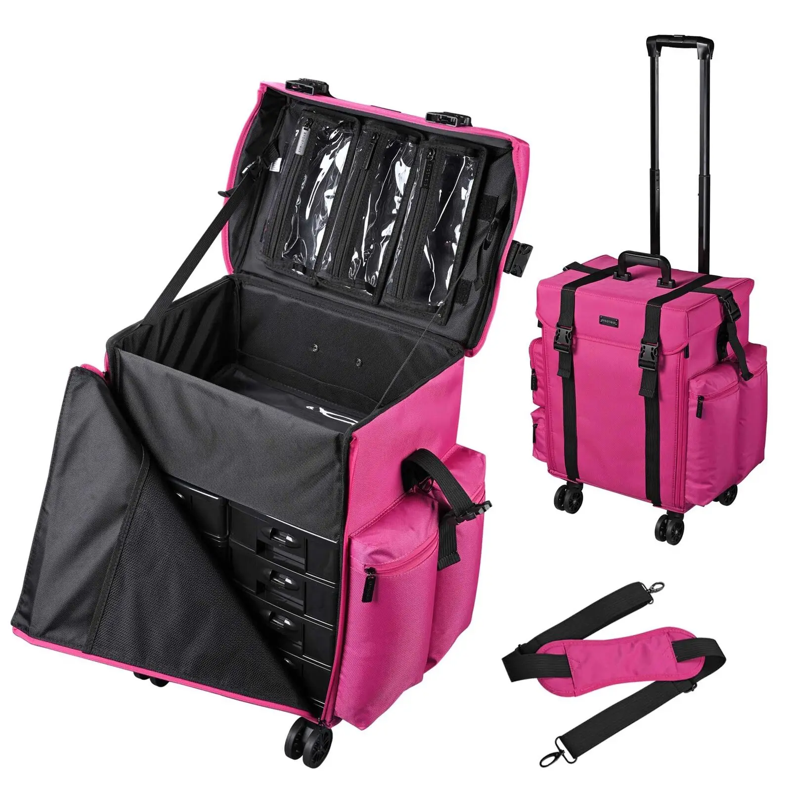 

Deep Rolling Pink Makeup Case Portable with 4 Pcs 360-degree Swivel Wheels