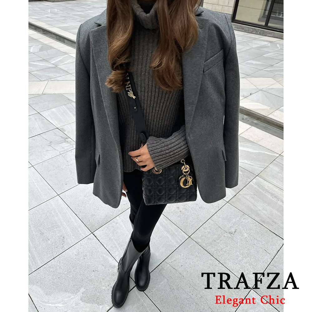 TRAFZA элегантный серый офисный блейзер женский однотонный пиджак с лацканами и