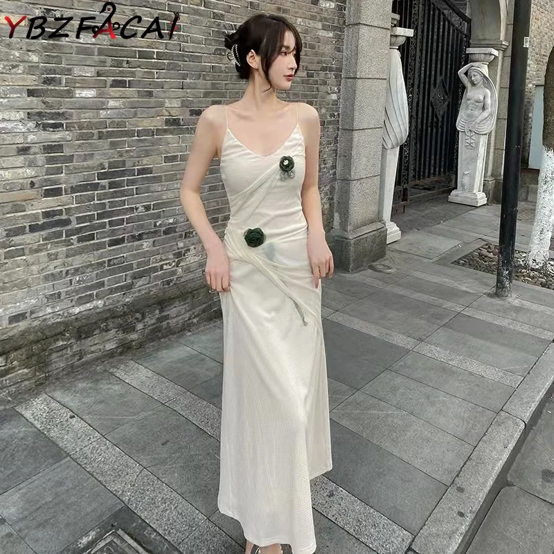 

YBZFACAI Women Fashion Retro Camellia Backless Sling Dress 2022 Summer Lady Elegant V-Neck Mesh Paneled Holiday Dress