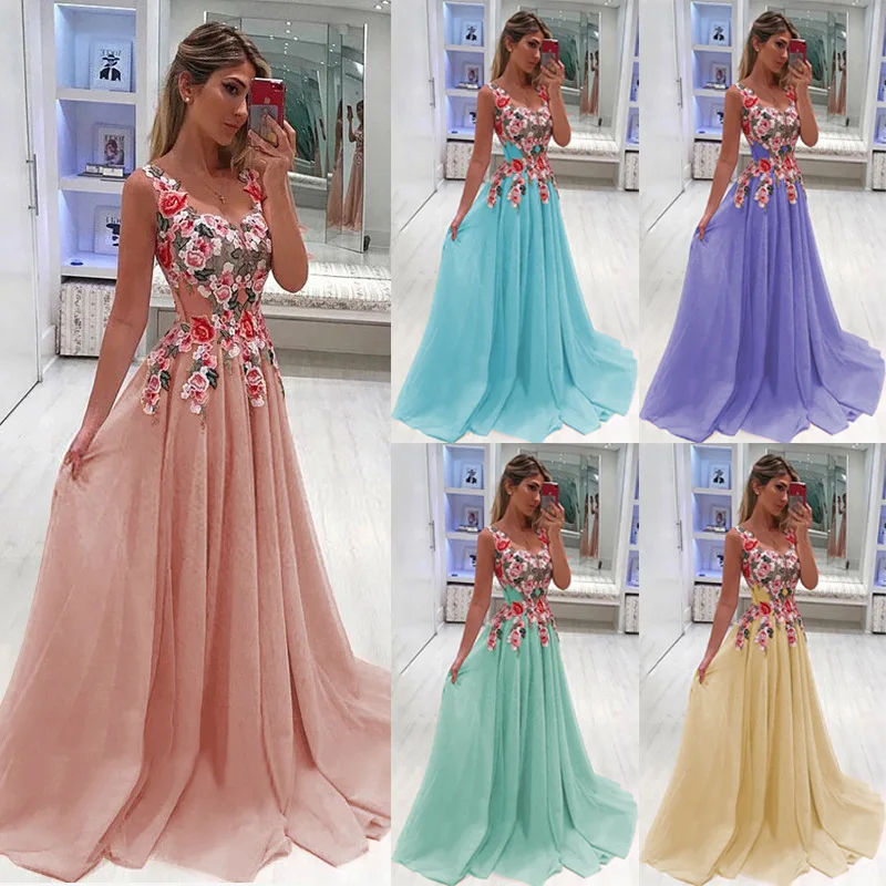 long chiffon floor length party dress ethnic style tank top embroidery Flower Women evening maxi