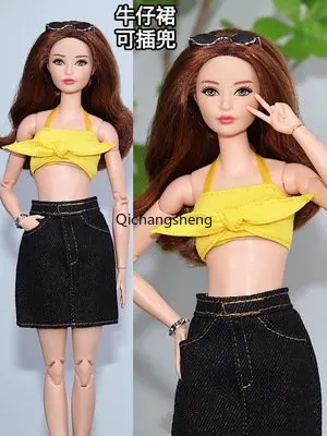 

Yellow Bra Top Jeans Skirt 11.5" Doll Outfits Set For Barbie Clothes For Barbie Dollhouse Accessories Casual Wear Kids Toys 1/6