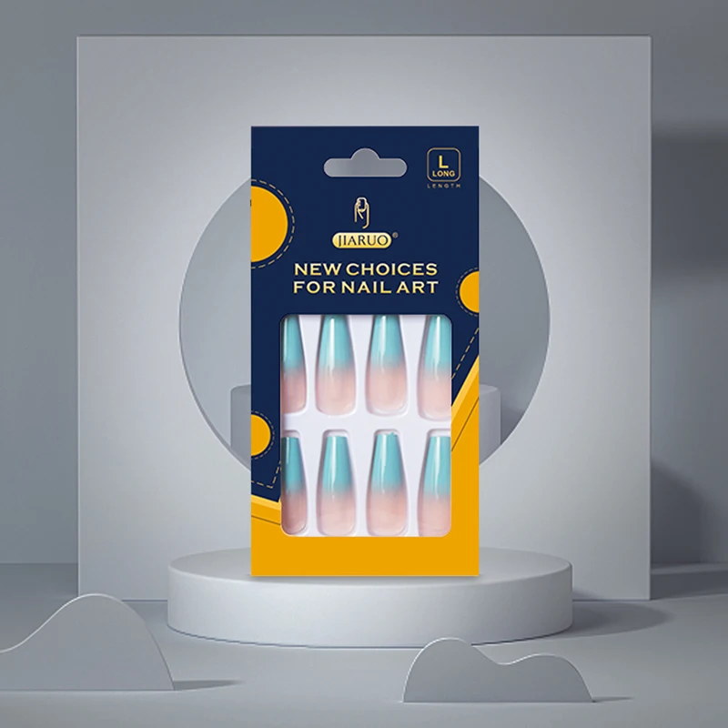 

JIARUO 24PCS/BOX Long Press on Nails Coffin Fake Nails Y2k Gradient Blue Long Ballet Nail Art Hot Girl Paste Full Coverage Nail