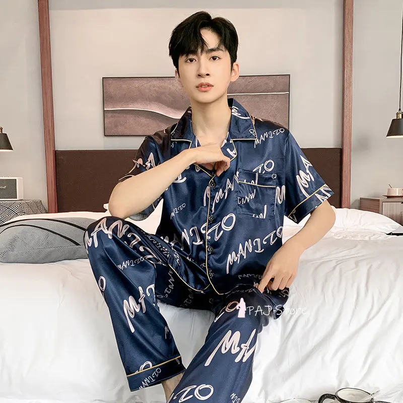 Men Sleepwear Silk Satin Pijama Set Pajama Sets Short Sleeve Sleep Home Clothes Man 2 Pieces Sets Home Suits Pyjamas L-5XL