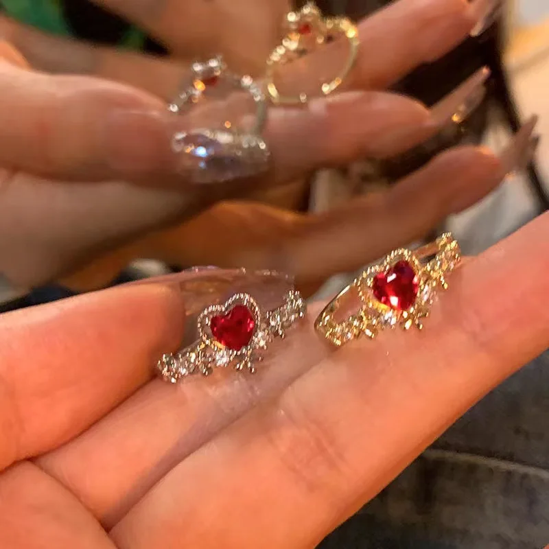 

Elegant Charm Red Heart Cubic Zirconia Rings for Women Luxury Fashion Opening Adjustable Friend Valentine's Day Gift Jewelry