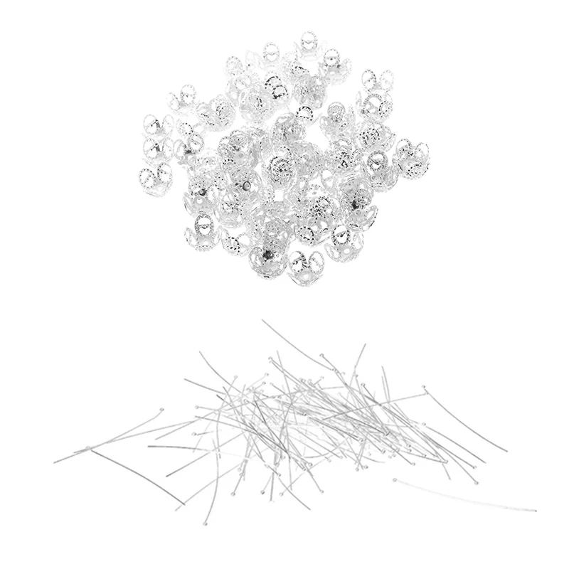 

100Pcs 50Mm Silver Plated Ball Head Pins Spacer Beads With 100-Piece Silver 4-Leaf Filigree Bead Caps (8Mm)