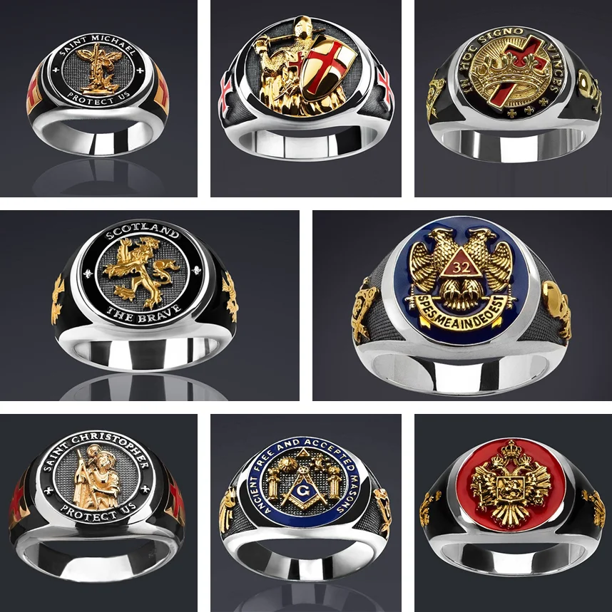 

2022 New Freemasonry Logo Retro Tide Men's Oil Drip Ring Double-headed Eagle Lion Skull Cross Digital High-grade Alloy Ring