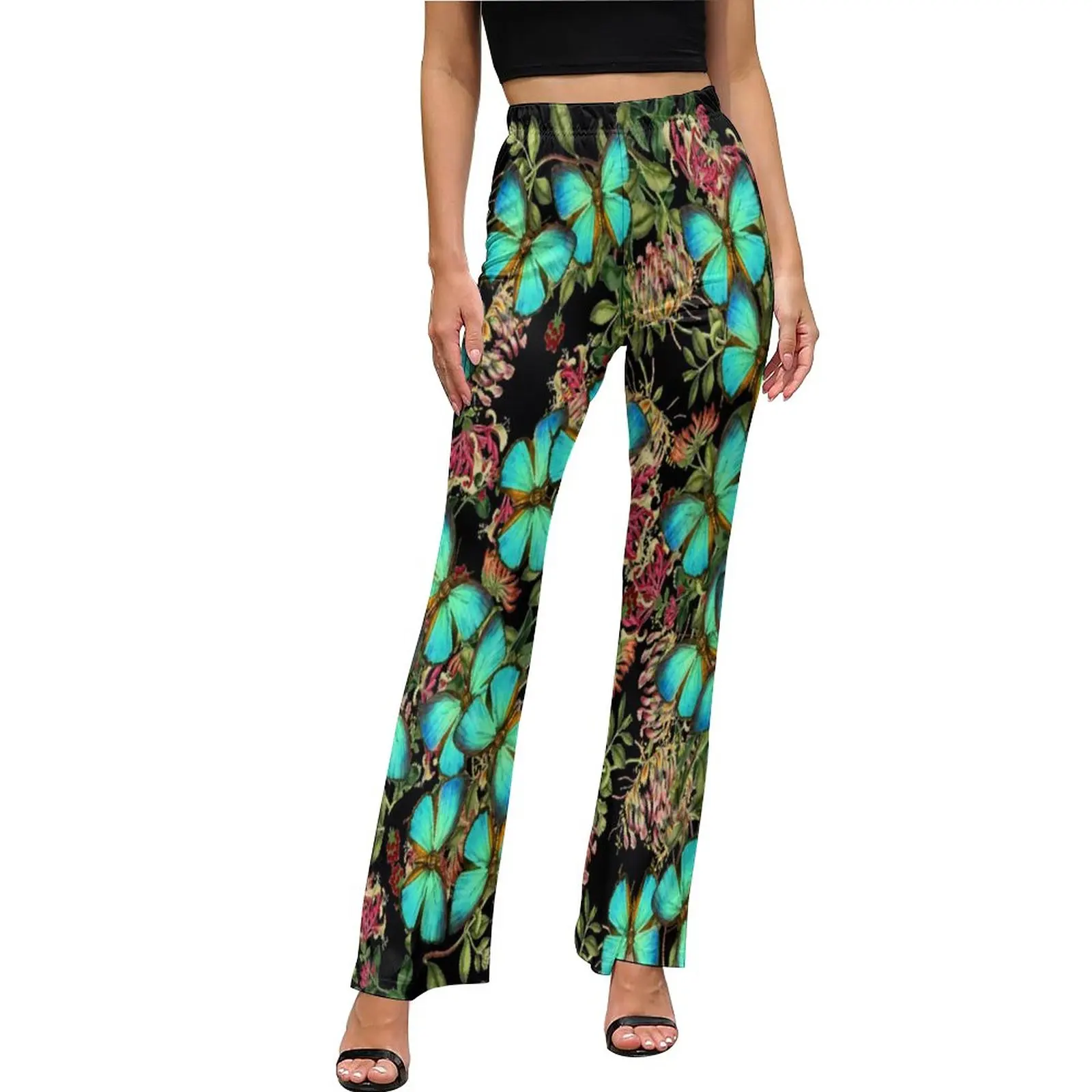 

Cute Animal Print Pants Teal Butterflies Floral Classic Flared Trousers Summer Women Printed Street Style Slim Fit Pants