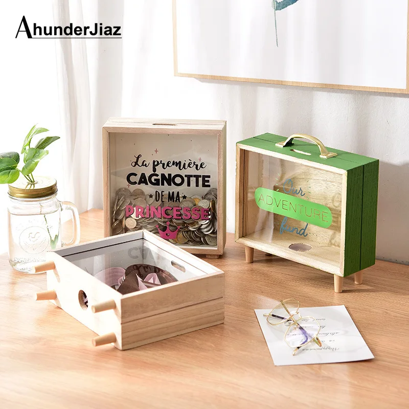 

1PC Wooden Money Bank Money Boxes Piggy Banks Home Creative Decor Gift Kids Money Boxes 6 Styles Storage Box