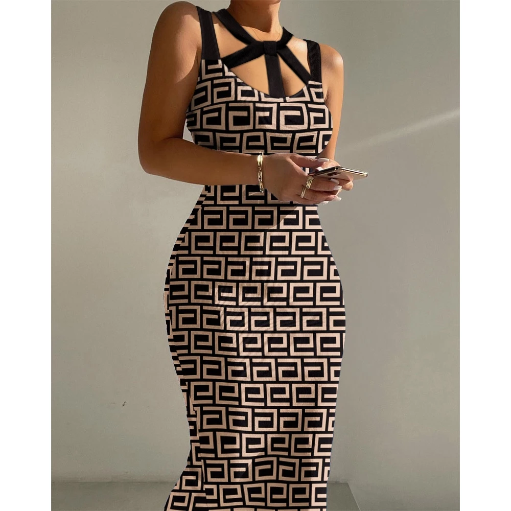 

Women Summer Geometric Print Sleeveless Bodycon Dress Fashion Femme Hollow Out Midi Party Wedding Skinny Dress Robe Clothing