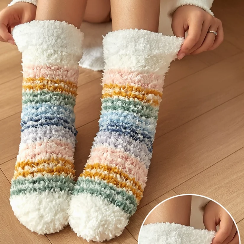 Womens Fuzzy Thermal Sock Plush Grip Stripe Winter Warm Soft Female Home Indoor Silicone Non slip Thick Slipper Floor Sock