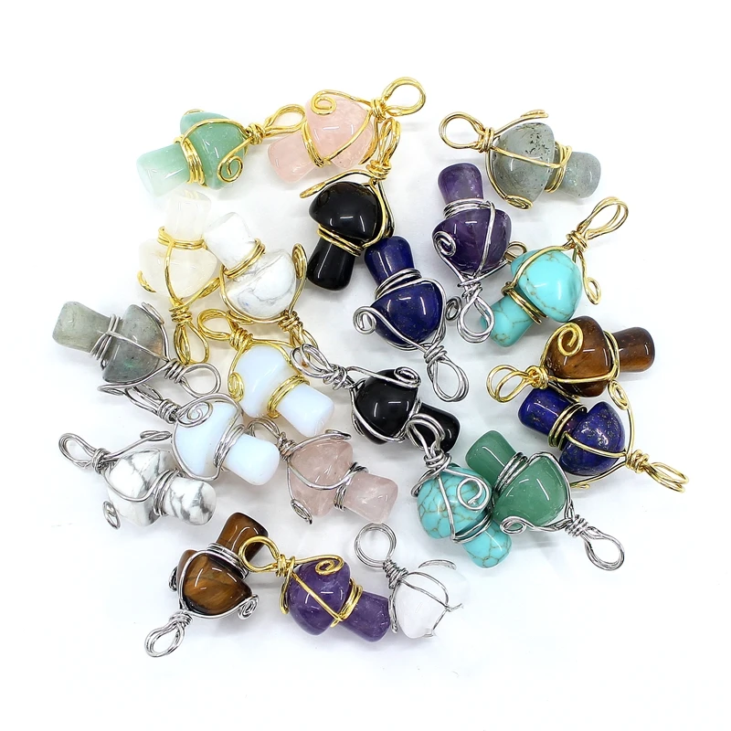 

Natural Stone Mushroom Pendant Rose Quartz Amethyst Turquoise Metal Wire Wrap For Jewelry Making Necklace Accessories