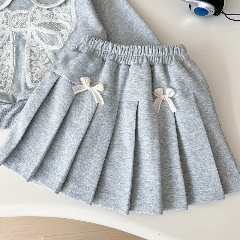 Костюм для девочек осень 2024 новинка толстовка с лацканами и бантом + юбка