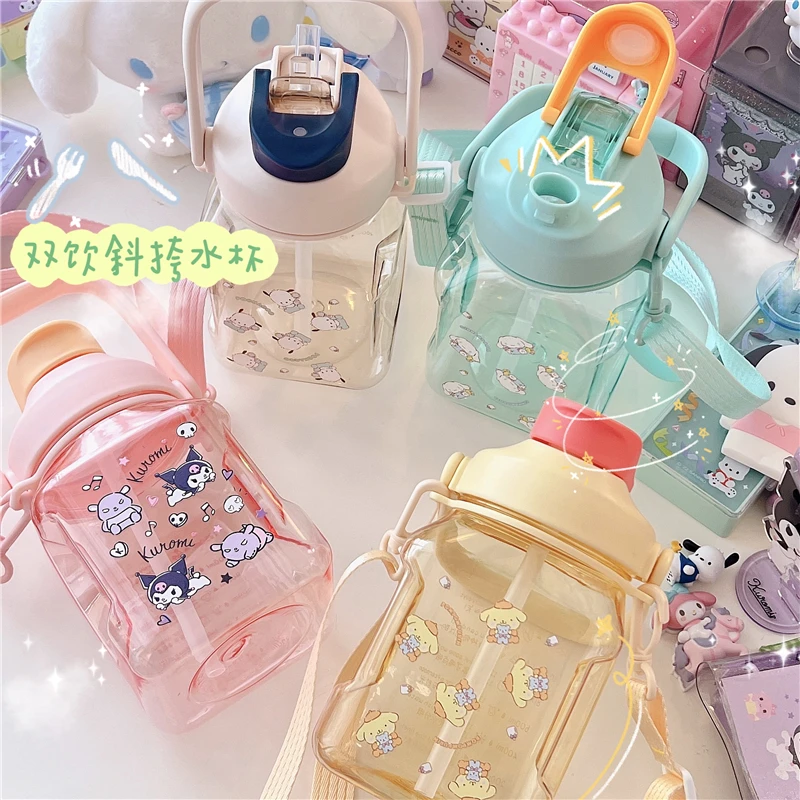 

1pc Cute Cartoon Kawaii Kuromi My Melody Big Belly Straw Cup Slanting Across Student Drinking Water Large Kettle Straw Cup