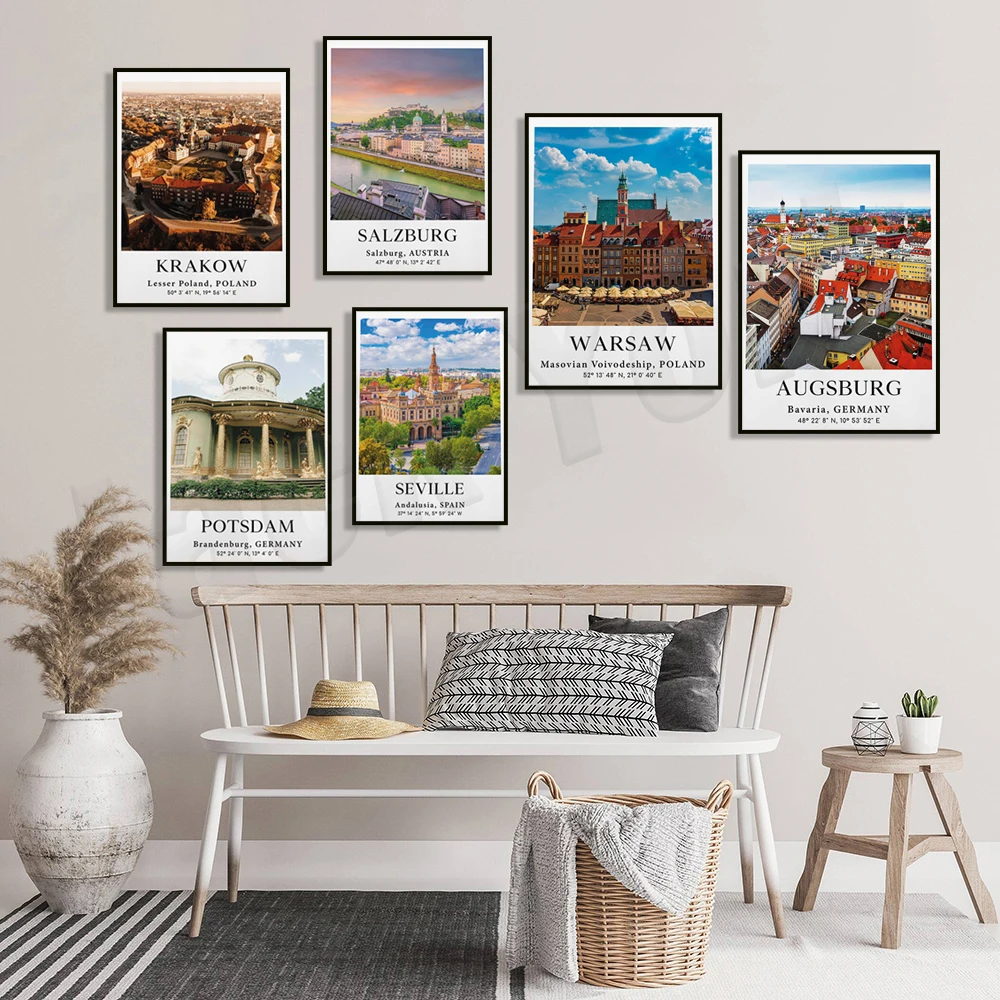 Постер путешествий, варшва, Польша, Дубровник, Севилья, Бильбао, Зальцбург, брюсель, казан, Германия, Краков, Дублин, Европа