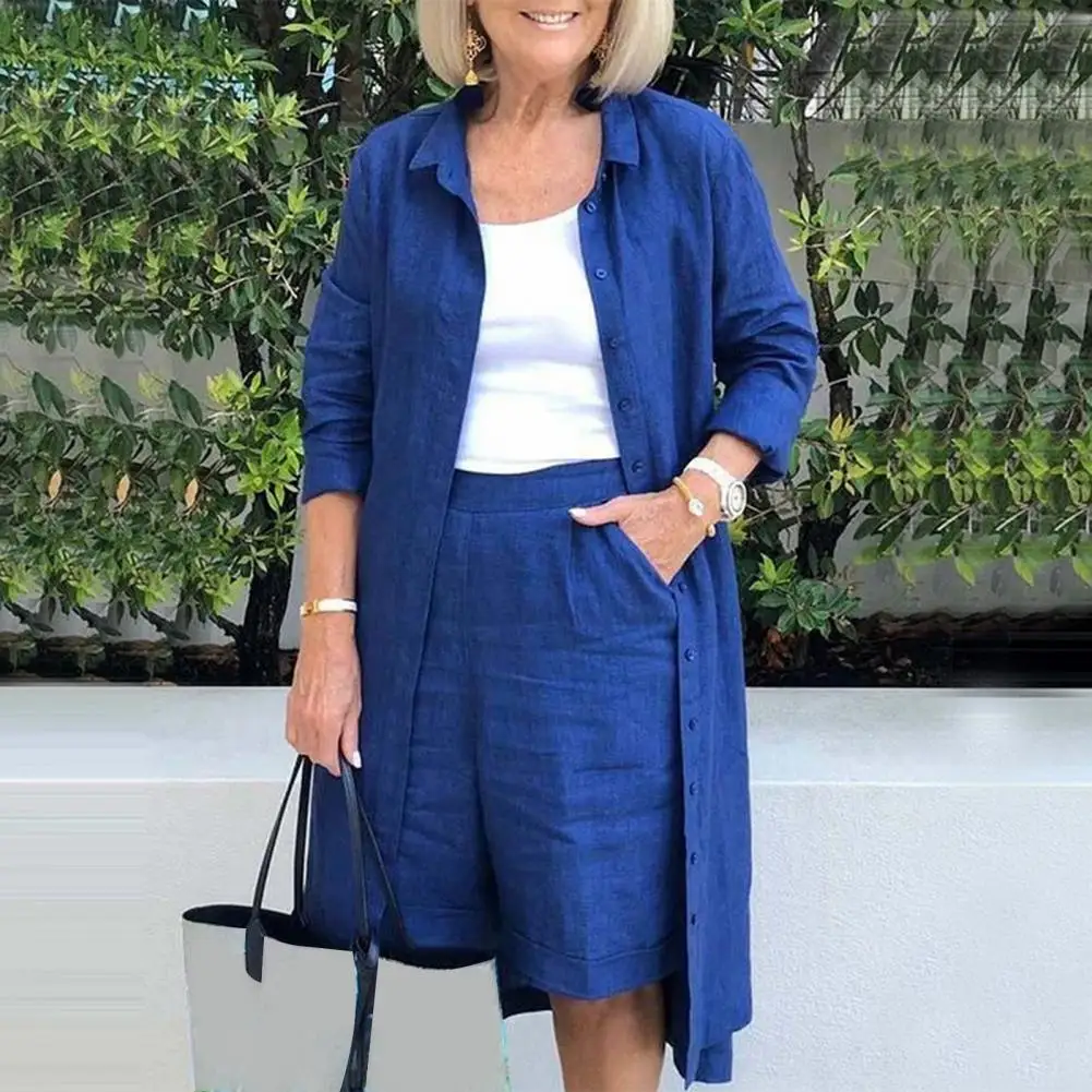 

Женский однобортный жакет с боковыми карманами, комплект из 2 предметов, длинное пальто и шорты с боковыми карманами, дышащий жакет, осень