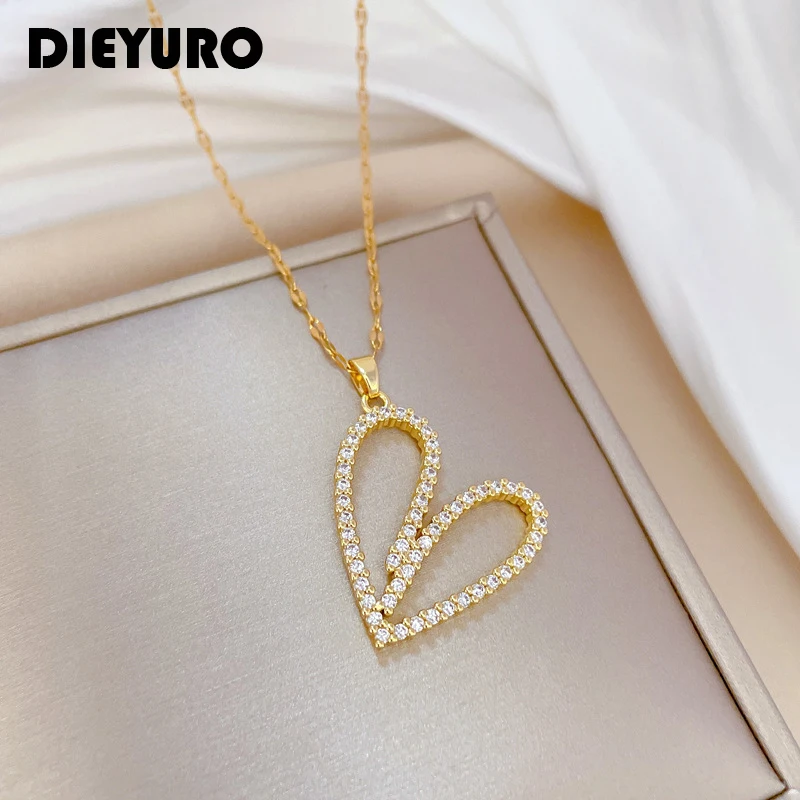 

DIEYURO 316L Stainless Steel Creative Hollow Heart Pendant Necklace For Women Girl Fashion Clavicle Chain Choker Jewelry Gift