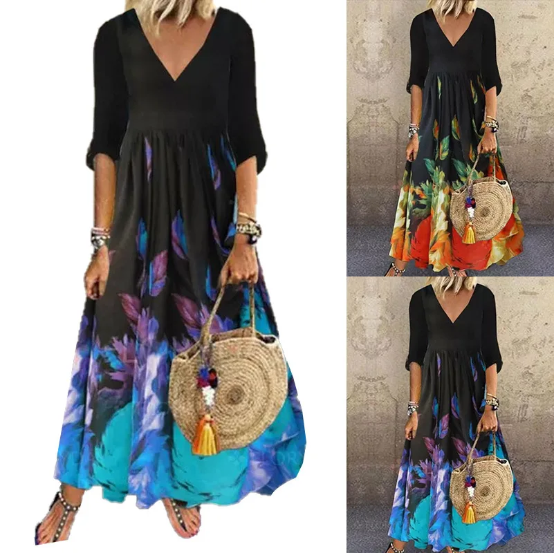 

2022 Women Dress Summer V-Neck Ankle-Length Printing Dyeing Half Sleeve Floral Blouse Casual Leisure Elegant Pullover Dress