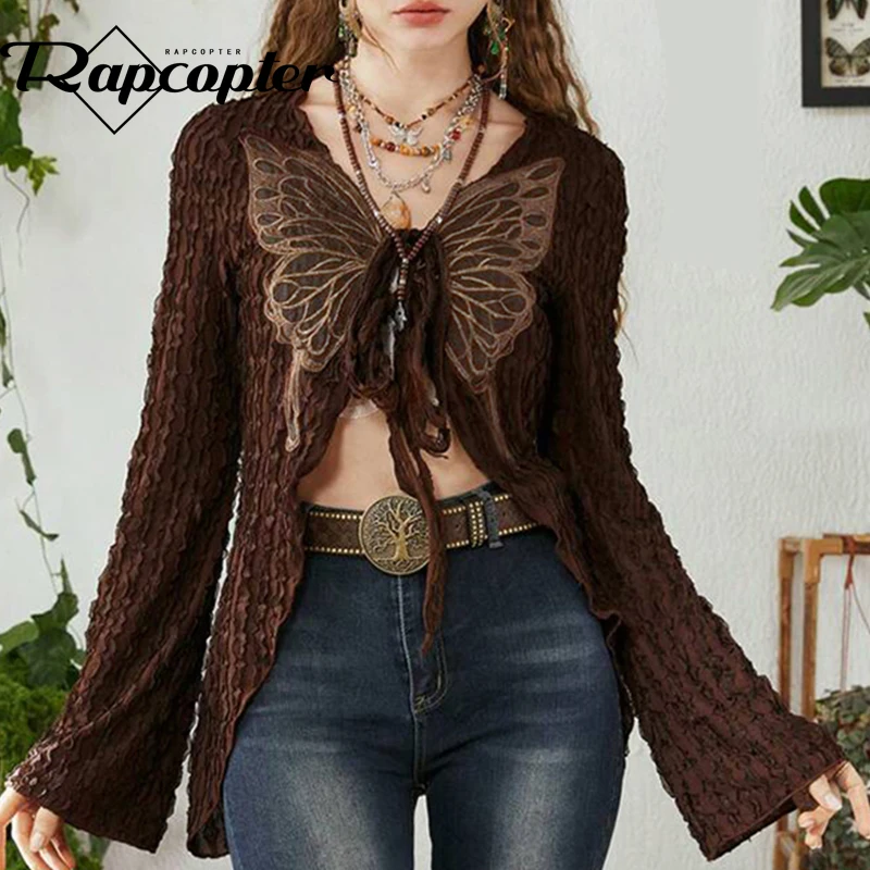 

Rapcopter y2k Butterfly Lace Up T Shirt Fairycore Grunge V Neck Full Sleeve Cardigans Bronw Aesthetic 2000s Tee Chic Harajuku