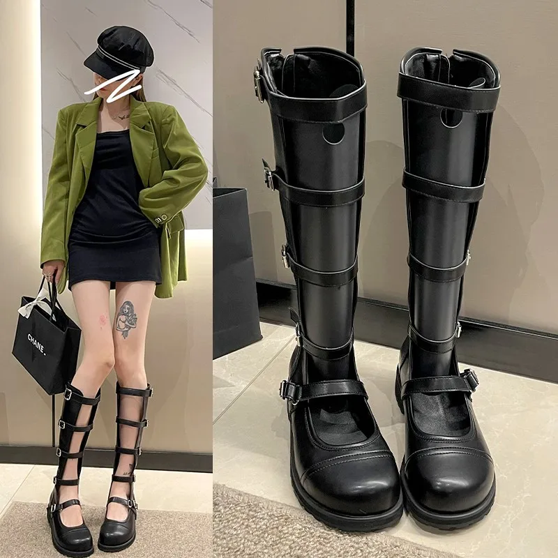 

Женские мотоциклетные ботинки на танкетке, крутые сандалии на толстой платформе, с пряжкой, в стиле «Мэри Джейн», дизайнерская обувь в стиле «Лолита», для девушек