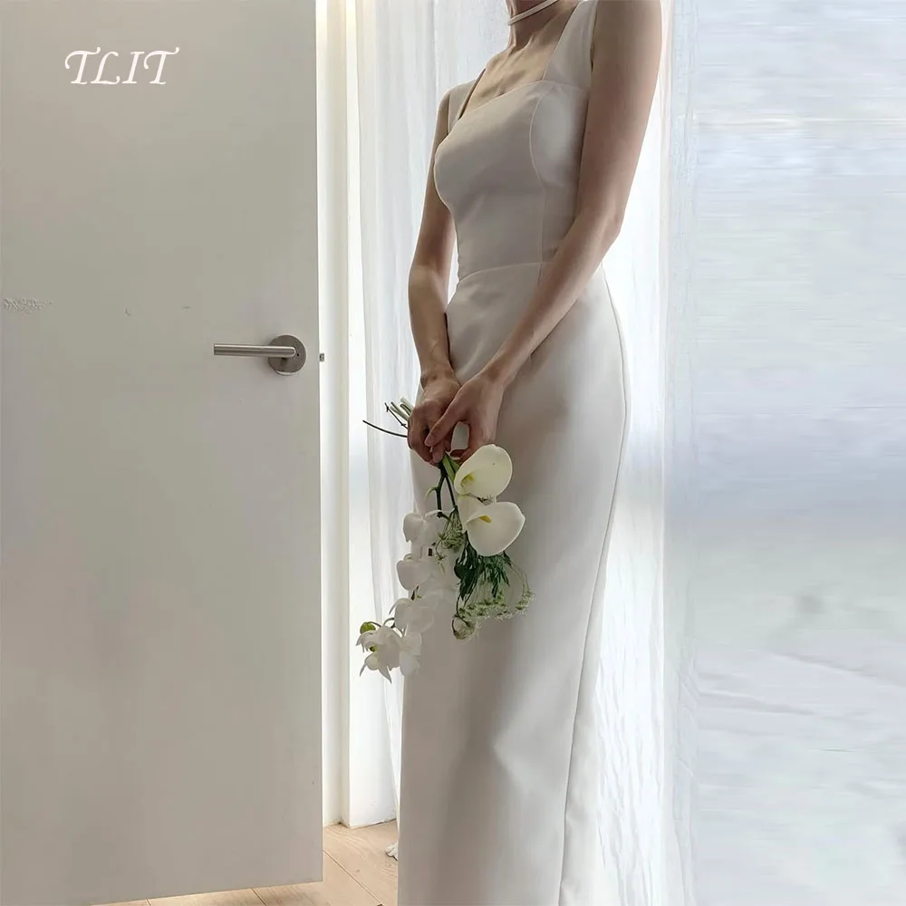 Фото TLIT Простые белые атласные свадебные платья Свадебные платья на тонких бретельках Корейские свадебные платья Фотосессия Индивидуальные 웨딩드레스 №1