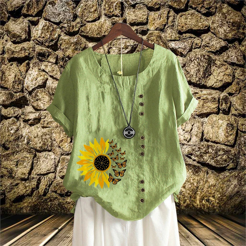 

Модная повседневная женская рубашка с круглым вырезом, Женская свободная льняная футболка, Свободный Топ с коротким рукавом и принтом, летн...