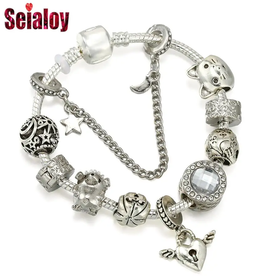 Seialoy серебряный цвет сердце крыло браслеты-подвески для женщин мужчин DIY звезда