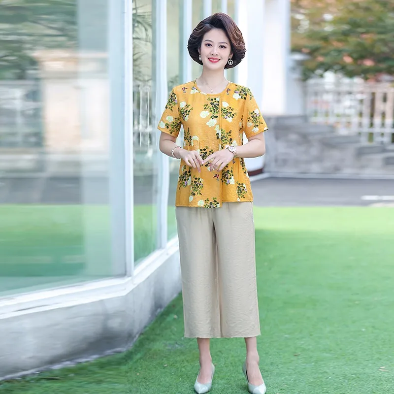 

Middle aged women Summer printing 2 Piece Set Womens Short Sleeve T-shirt+Pant Suit Womens Large Size Loose Sporting Set