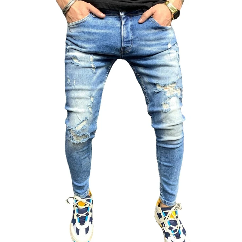 2022 New Men's Wear and Tear Feet Stretch Jeans Personality Fashion Slim Skinny Jeans Men's Fashion Clothing Trousers