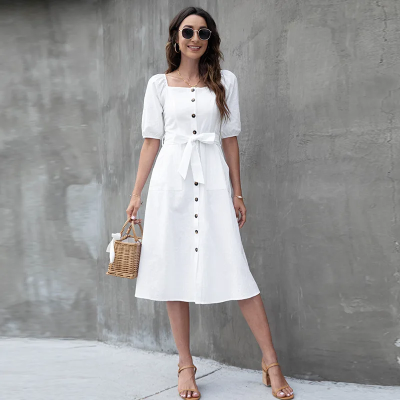 

2022 Solid Color Square Neck Button Dress Spring Summer Lantern Sleeve High Waist Breasted Mid Dress Casual Office Lady Dress