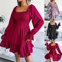 2022 women square neck skirts flared long sleeve dress spring summer elegant ladies ruffled swing dress evening party gowns