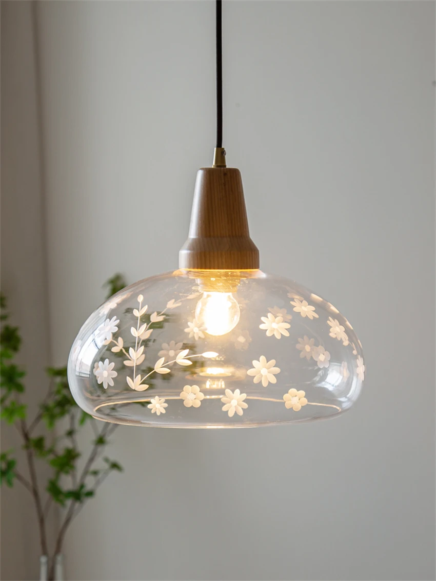 

Clear glass lampshade hand engraved pendant lights Japanese log cream wind bedside restaurant all copper pendant lamps fixtures