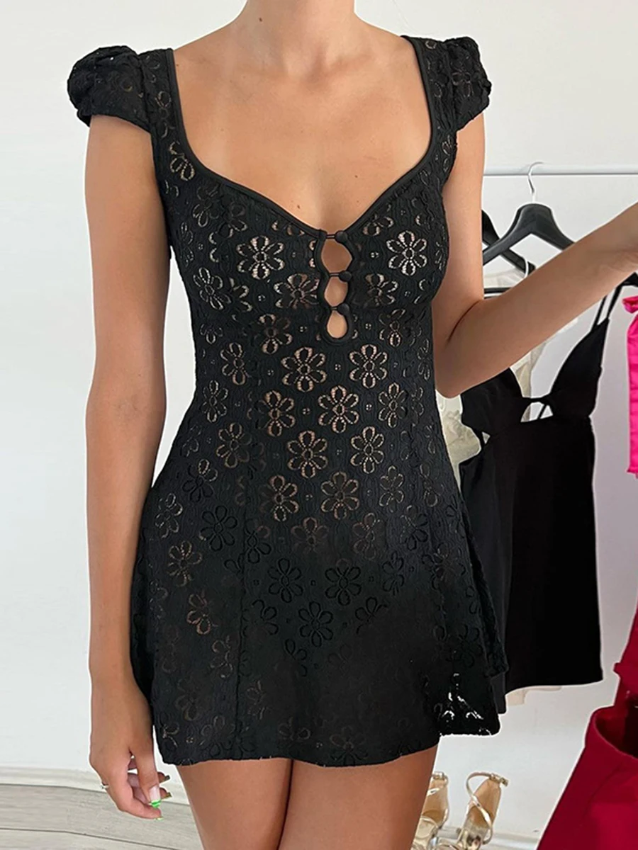 Women s Summer Lace Dress Short Sleeve V Neck Hollow Out Button Down Mini A-line