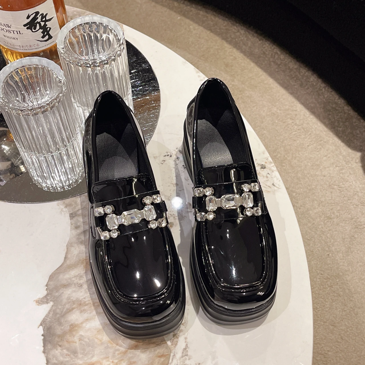 

Mary Jane Shoes Female Spring Retro 2023 New Thick-soled British Style Square Heel Student Shoes Women Crystal Decorate Shoes