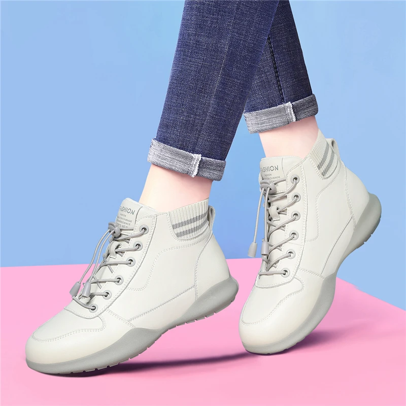 Кроссовки женские из натуральной кожи высокие без шнуровки повседневная обувь