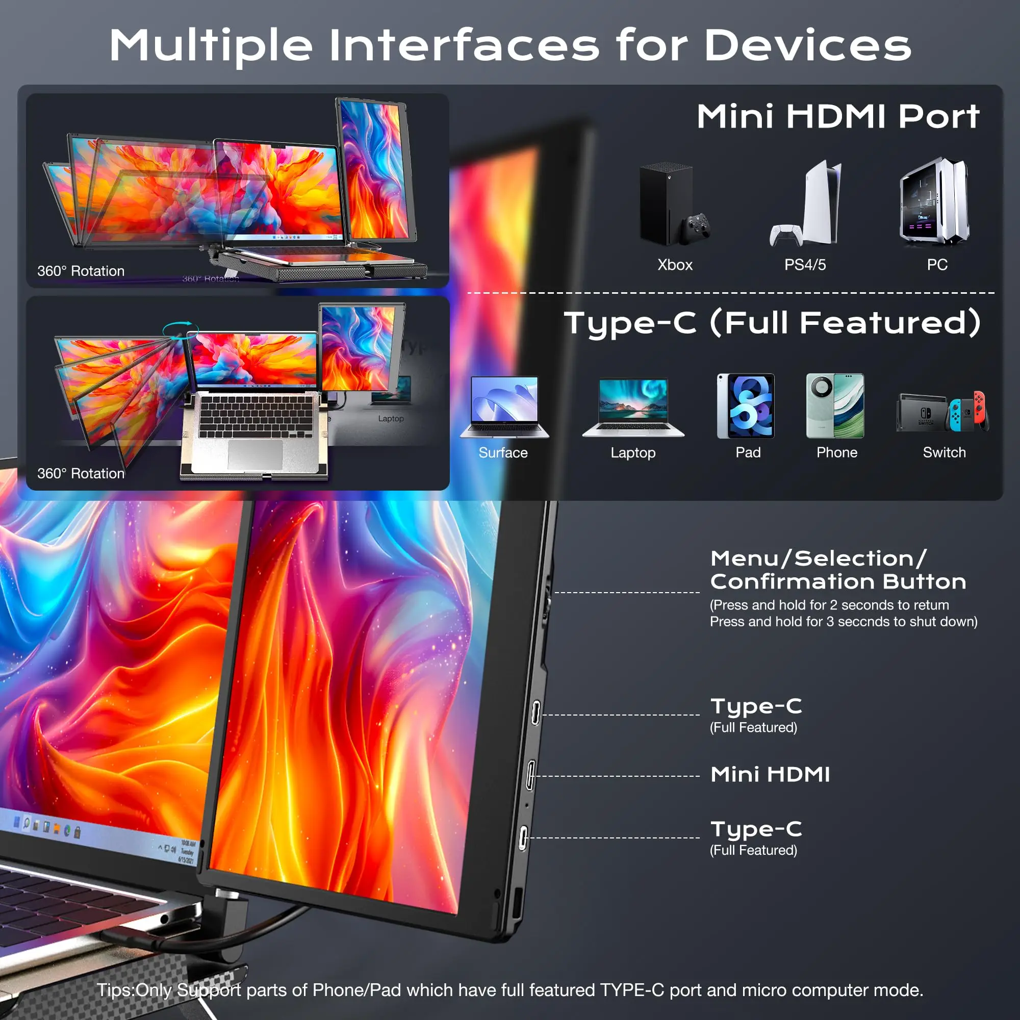 Фото Для Mac/Wins/Chrome 14-дюймовый ЖК-дисплей Plug Play IPS, легко складной, с несколькими дисплеями, USB C, удлинитель экрана ноутбука №4