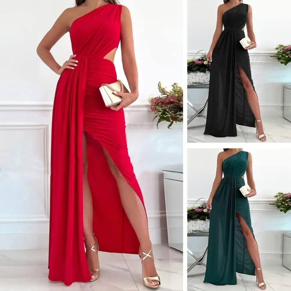 

Elegant Dresses for women 2022 Summer Solid Color Hollow Out Pleated One Shoulder Sleeveless Slim Party Dress Female Vestidos