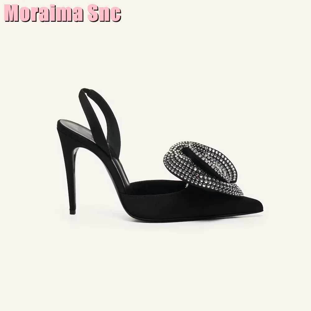 Crystal Flower Pointed Toe Shallow Sandals Stiletto High Heel Back Strap Slip On Black Solid Sexy Women Wedding Shoes Summer New