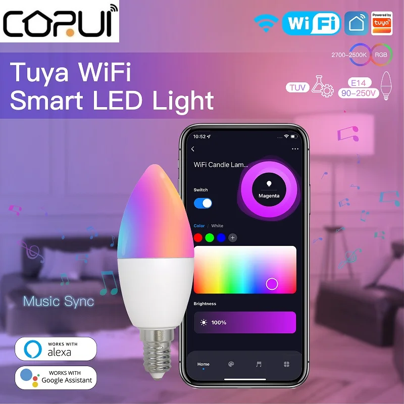 

CORUI Tuya Smart WiFi E14 Candelabra RGB 100-240V WW Dimmable LED Light Bulb European Lightbulbs Alexa Lamp Google Home Yandex