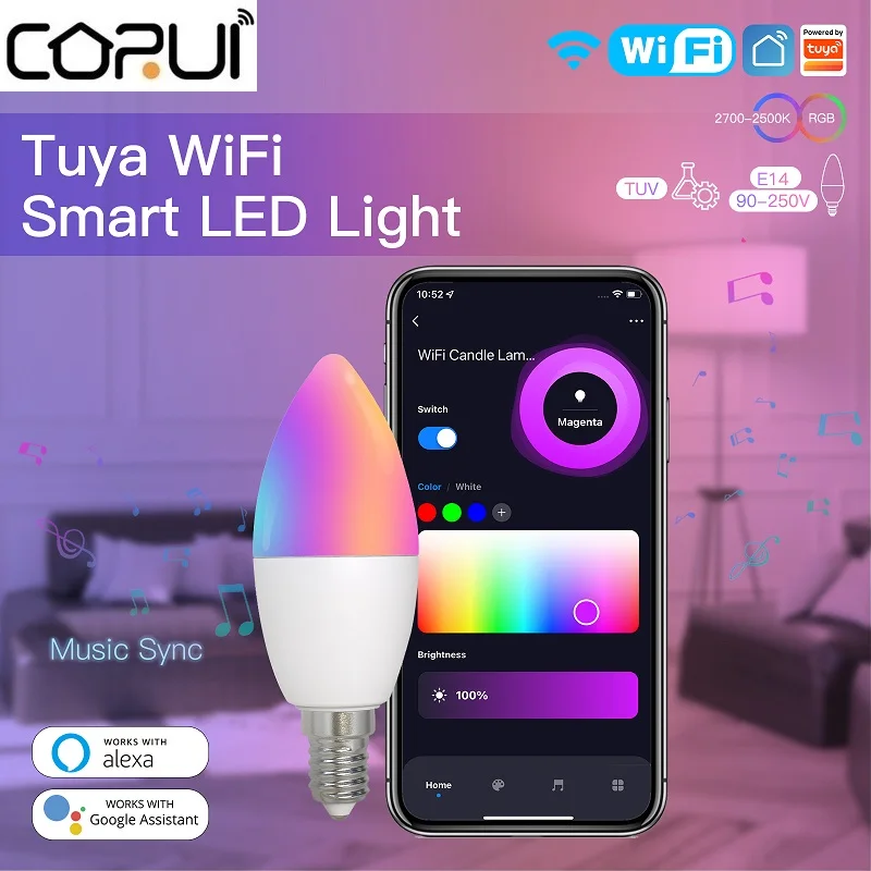 

Умная Светодиодная лампа CORUI Tuya с регулируемой яркостью, WiFi, E14, RGB 100-240 В
