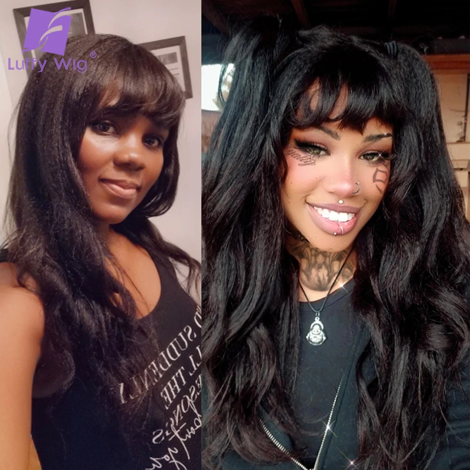 200 Density Yaki Wavy Human Hair Wigs With Bangs Machine Made Scalp Top Wig Remy Brazilian Human Hair Wigs For Women Luffywig