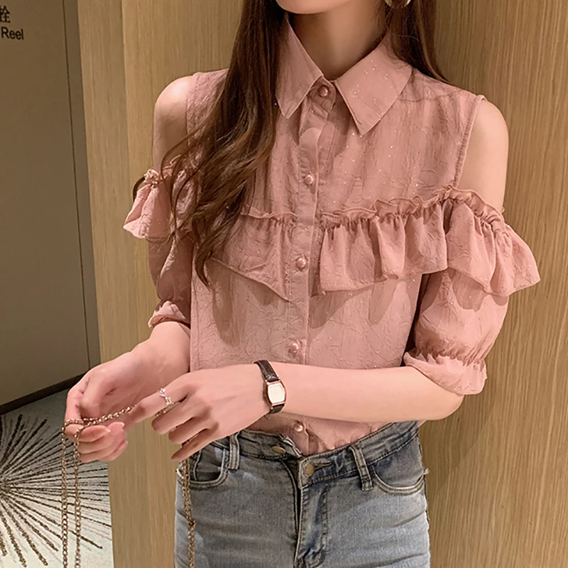

New Off Shoulder Blouse Chiffon Ruffles Shirt Women Clothes Button 2022 Casual Womens Summer Tops Korean Style Chemisier Femme