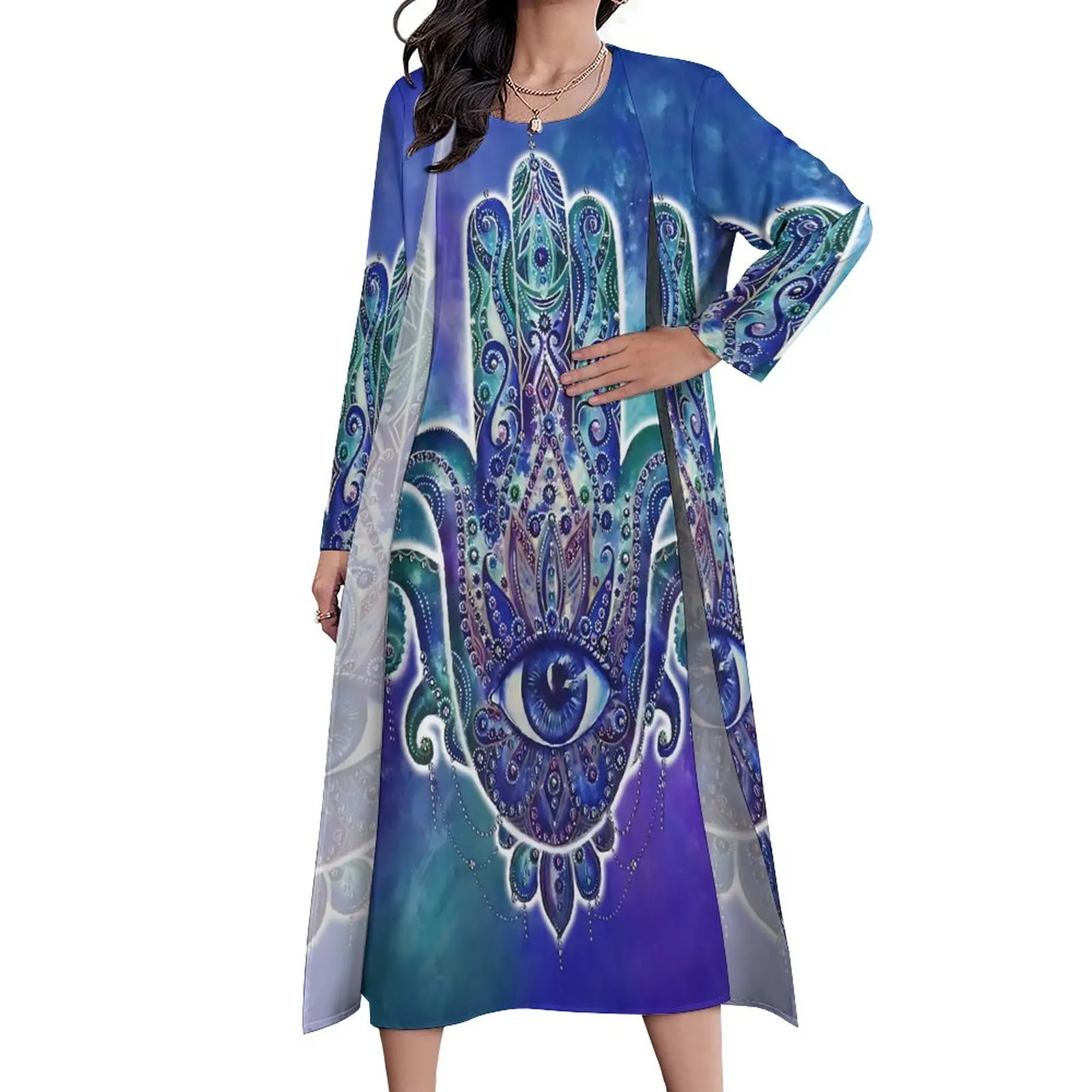 

Retro Hamsa Hand Dress Colorful Fatima Elegant Maxi Dress Aesthetic Boho Beach Long Dresses Spring Two Piece Graphic Vestido